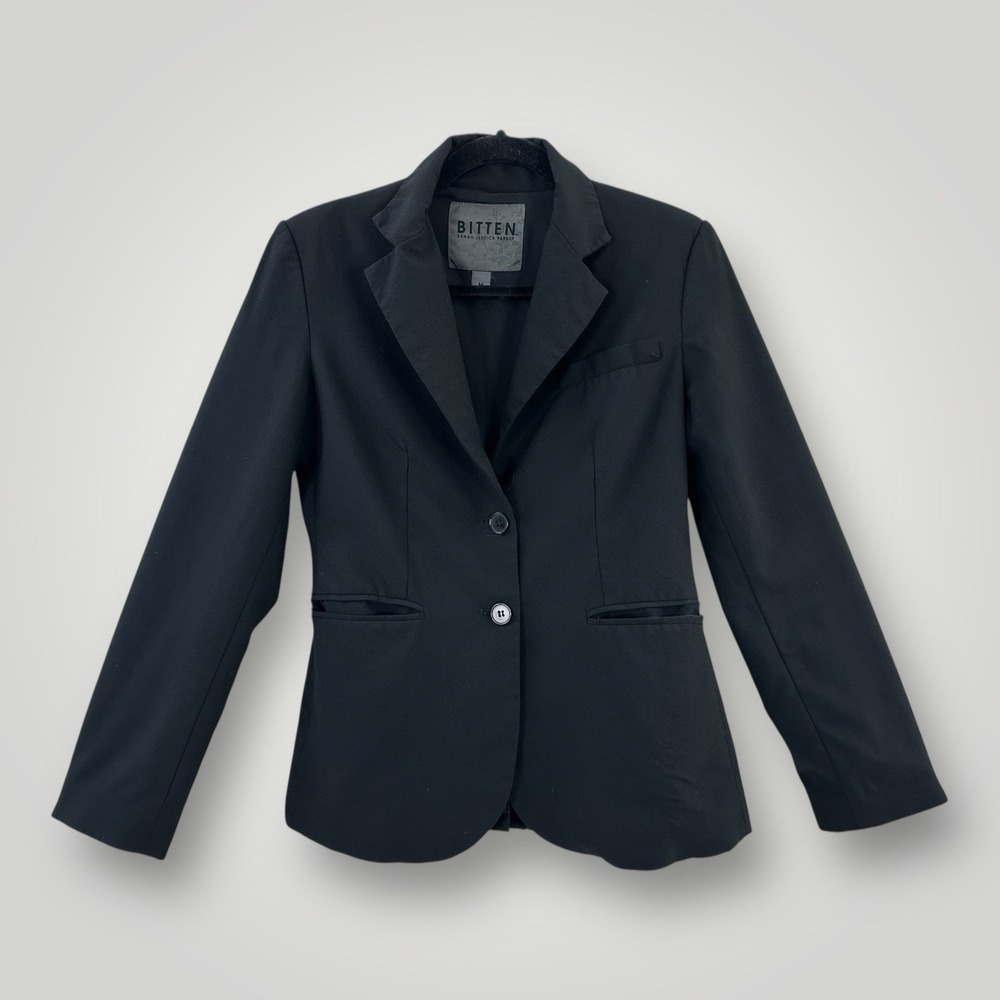 BITTEN Sarah Jessica Parker Black Blazer Jacket Pockets Womans Size M Wool Blend